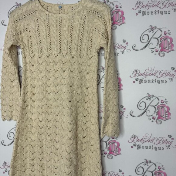 Dress sparkly knit crochet gold beige stretchy shimmer glitter swoop cuffs cute - Picture 2 of 11